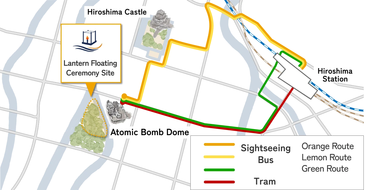 Map showing Hiroshima Lantern Floating Ceremony venue in Hiroshima Peace Memorial Park